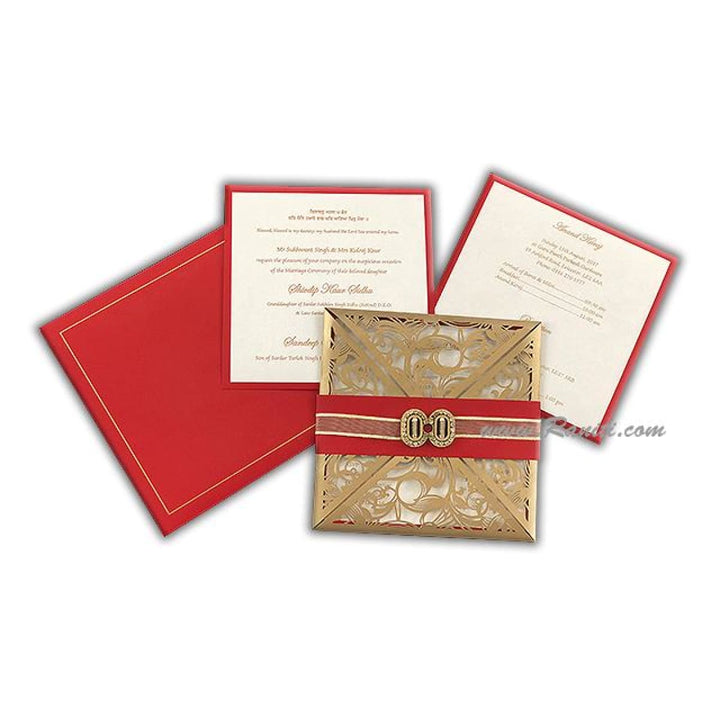 Laser Cut Red Four Fold Opening Custom Luxury Invitation with Belly Band, Crystal Embellishment and Multiple Inserts AML-327 freeshipping - Raniti LLC - Custom Invitations & Stationery