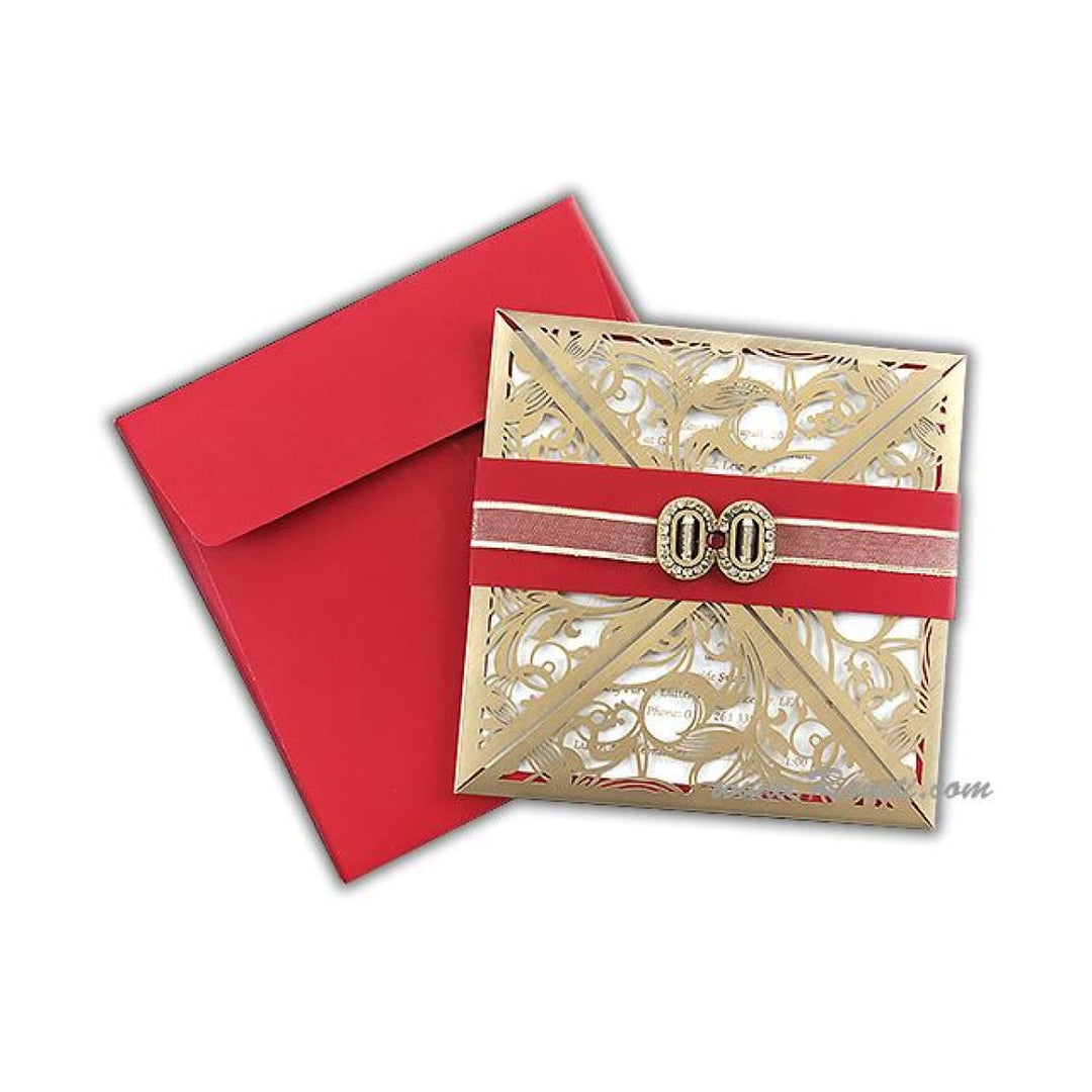 Laser Cut Red Four Fold Opening Custom Luxury Invitation with Belly Band, Crystal Embellishment and Multiple Inserts AML-327 freeshipping - Raniti LLC - Custom Invitations & Stationery