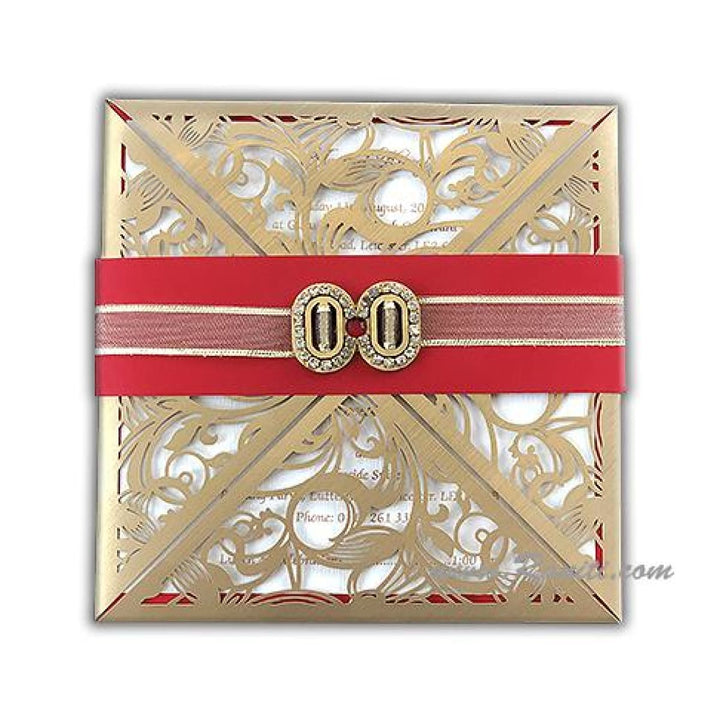 Laser Cut Red Four Fold Opening Custom Luxury Invitation with Belly Band, Crystal Embellishment and Multiple Inserts AML-327 freeshipping - Raniti LLC - Custom Invitations & Stationery