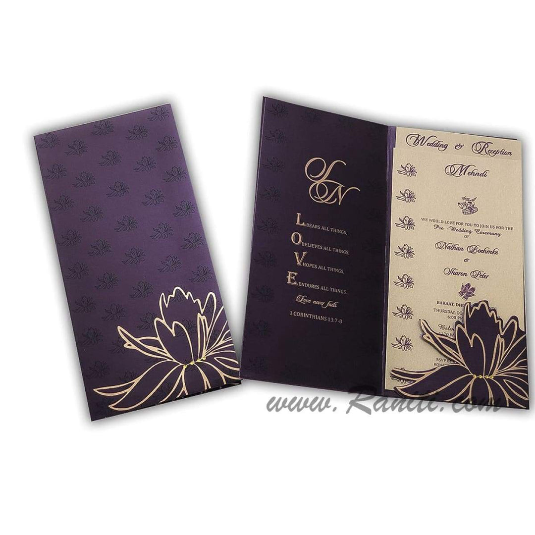 Lotus Theme Purple and Golden Custom Invitation card with Die Cut Pocket AM-9 freeshipping - Raniti LLC - Custom Invitations & Stationery