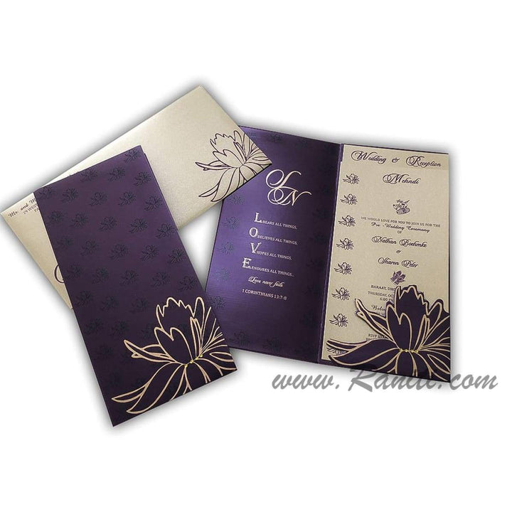 Lotus Theme Purple and Golden Custom Invitation card with Die Cut Pocket AM-9 freeshipping - Raniti LLC - Custom Invitations & Stationery