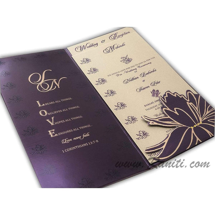 Lotus Theme Purple and Golden Custom Invitation card with Die Cut Pocket AM-9 freeshipping - Raniti LLC - Custom Invitations & Stationery