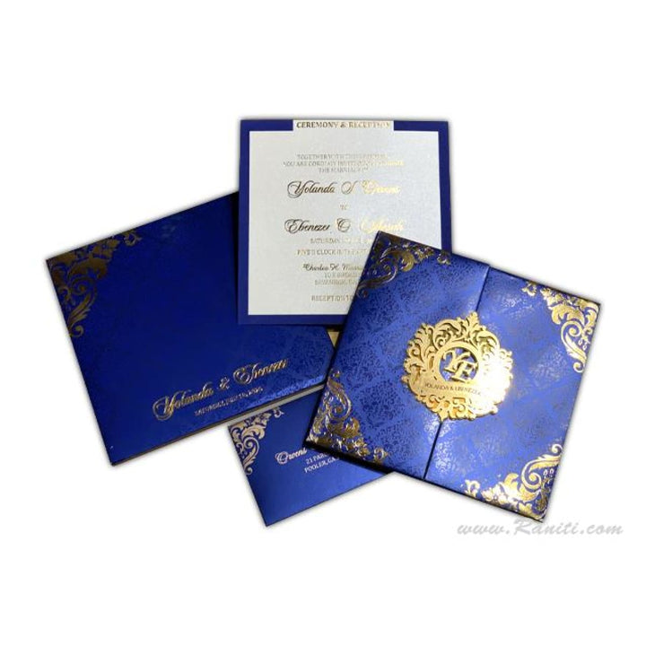 Blue and Gold Laser Cut Custom Luxury Invitation Card AMHL195 | Raniti | Custom Invitations & Stationery | laser cut invitation cards | custom wedding invitations