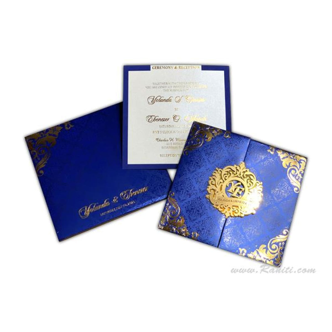 Luxury Custom, Hard Cover Gatefold Laser Cut Blue and Gold Invitation Card AMHL-195 freeshipping - Raniti LLC - Custom Invitations & Stationery