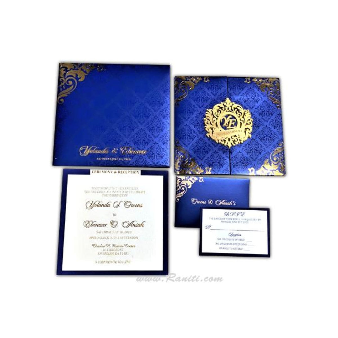 Luxury Custom, Hard Cover Gatefold Laser Cut Blue and Gold Invitation Card AMHL-195 freeshipping - Raniti LLC - Custom Invitations & Stationery