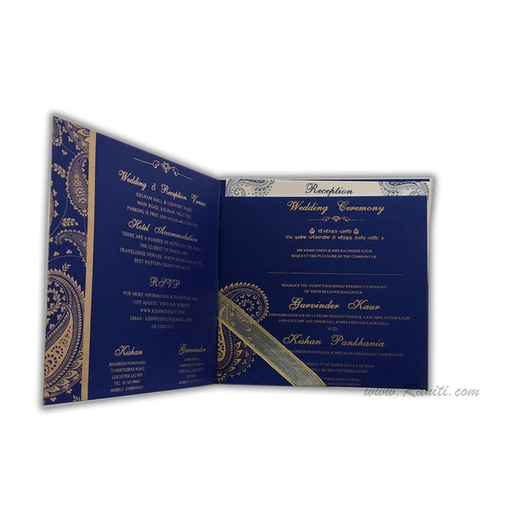 Paisley Design Blue and White Square Custom Wedding Invitation card 7x7 with stones and cascading inserts AM-529 freeshipping - Raniti LLC - Custom Invitations & Stationery