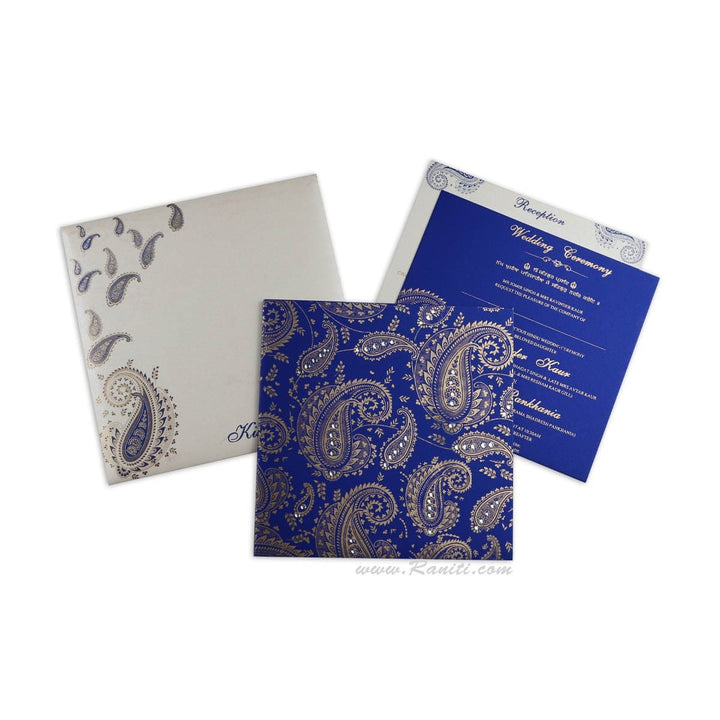 Paisley Design Blue and White Square Custom Wedding Invitation card 7x7 with stones and cascading inserts AM-529 freeshipping - Raniti LLC - Custom Invitations & Stationery