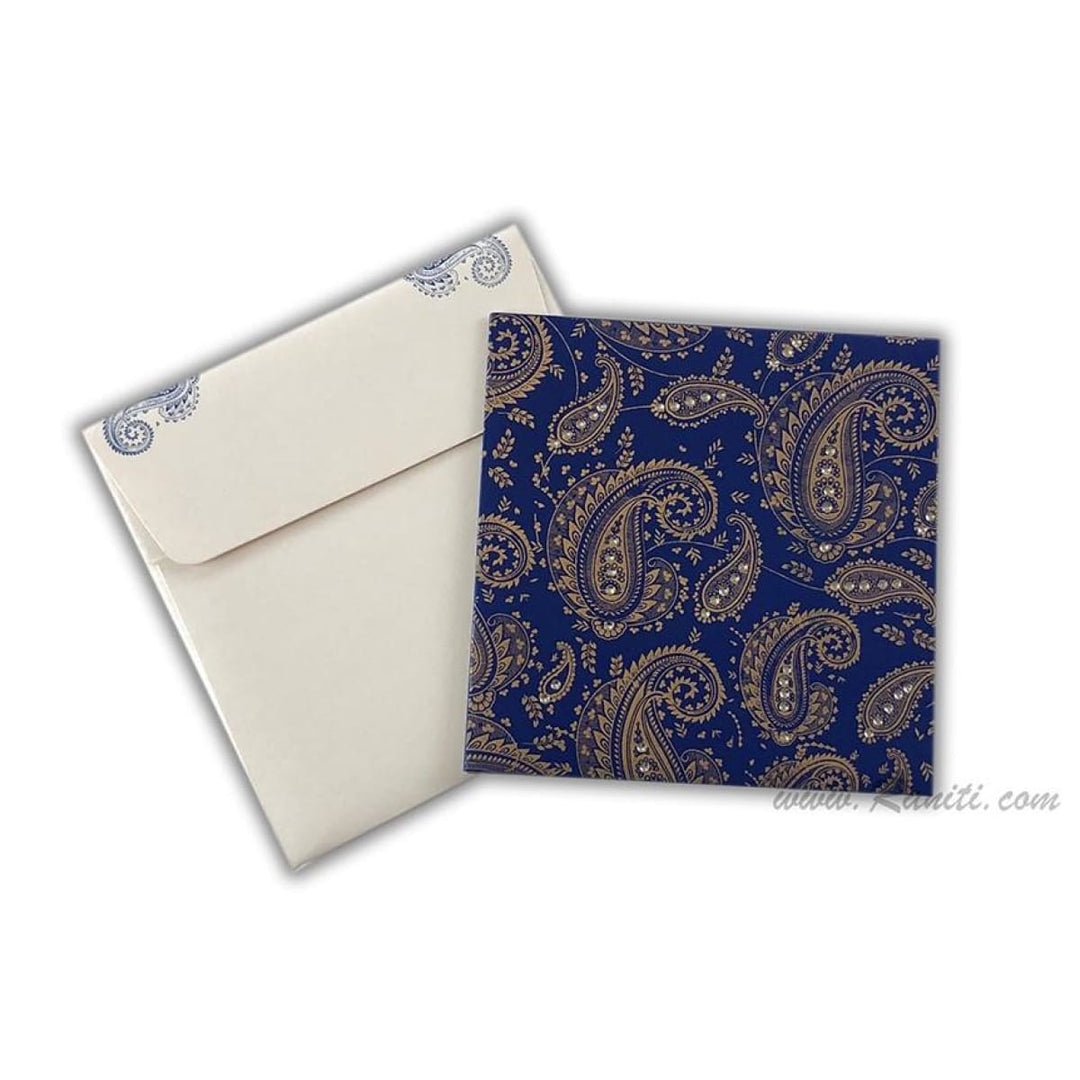 Paisley Design Blue and White Square Custom Wedding Invitation card 7x7 with stones and cascading inserts AM-529 freeshipping - Raniti LLC - Custom Invitations & Stationery