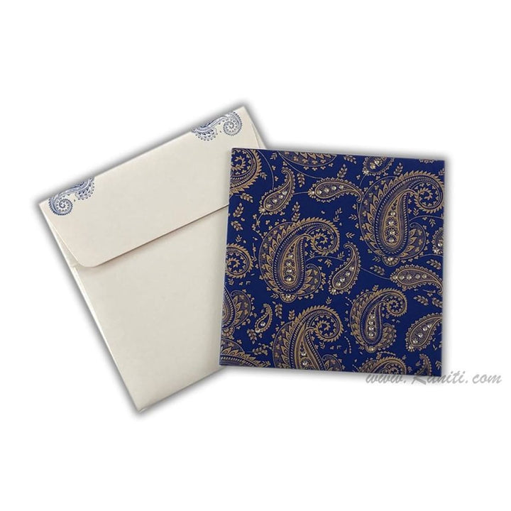 Paisley Design Blue and White Square Custom Wedding Invitation card 7x7 with stones and cascading inserts AM-529 freeshipping - Raniti LLC - Custom Invitations & Stationery