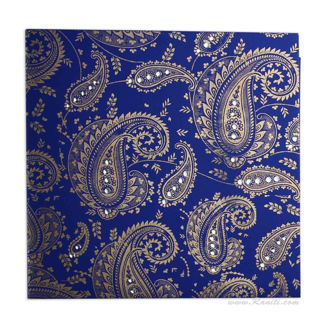 Paisley Design Blue and White Square Custom Wedding Invitation card 7x7 with stones and cascading inserts AM-529 freeshipping - Raniti LLC - Custom Invitations & Stationery