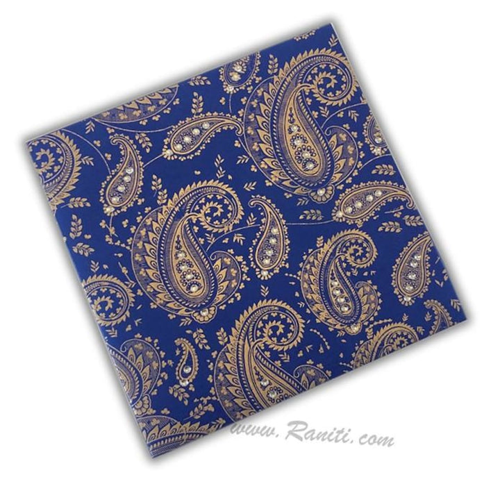 Paisley Design Blue and White Square Custom Wedding Invitation card 7x7 with stones and cascading inserts AM-529 freeshipping - Raniti LLC - Custom Invitations & Stationery