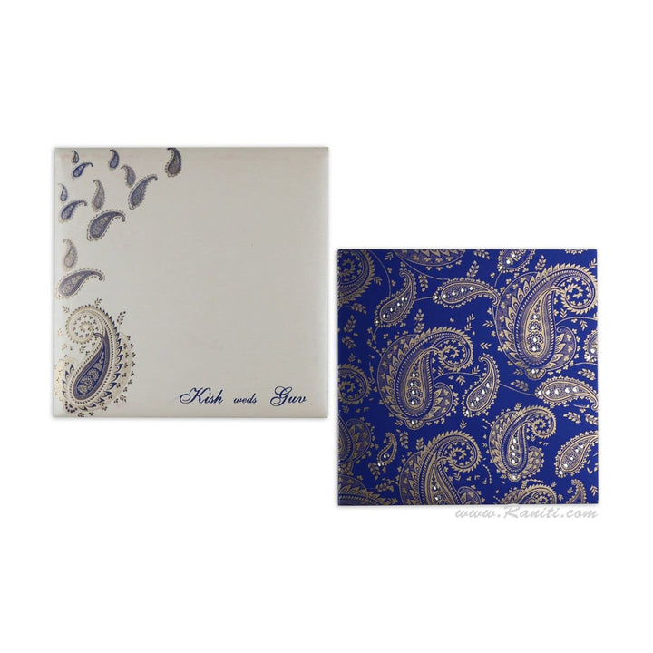 Paisley Design Blue and White Square Custom Wedding Invitation card 7x7 with stones and cascading inserts AM-529 freeshipping - Raniti LLC - Custom Invitations & Stationery