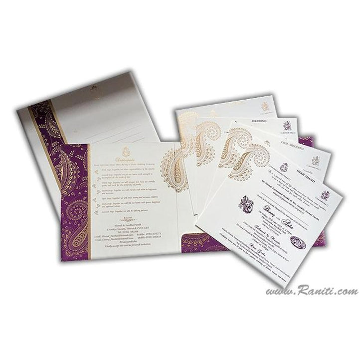 Paisley Design Purple and White Square Custom Wedding Invitation card 7x7 with stones AM-59 freeshipping - Raniti LLC - Custom Invitations & Stationery