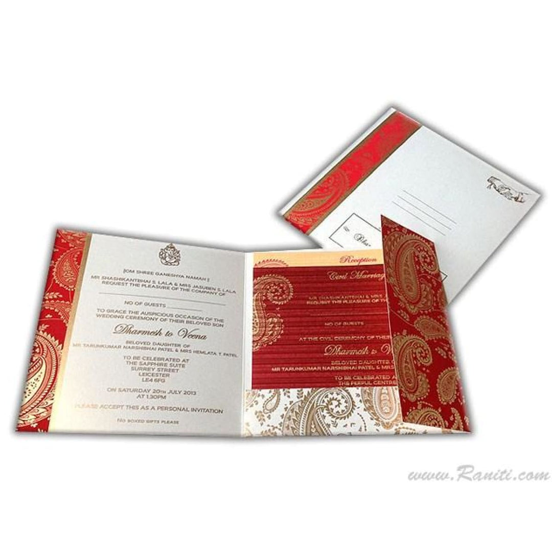 Paisley Design Red and White Square Custom Wedding Invitation card Kankotri 7x7 with stones AM-590 freeshipping - Raniti LLC - Custom Invitations & Stationery