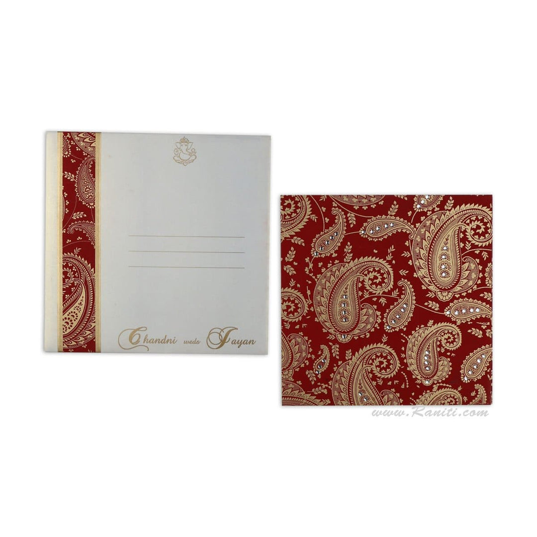 Paisley Design Red and White Square Custom Wedding Invitation card Kankotri 7x7 with stones AM-590 freeshipping - Raniti LLC - Custom Invitations & Stationery