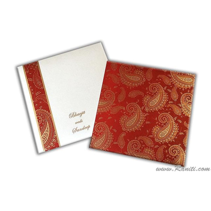 Paisley Design Red and White Square Custom Wedding Invitation card Kankotri 7x7 with stones AM-590 freeshipping - Raniti LLC - Custom Invitations & Stationery