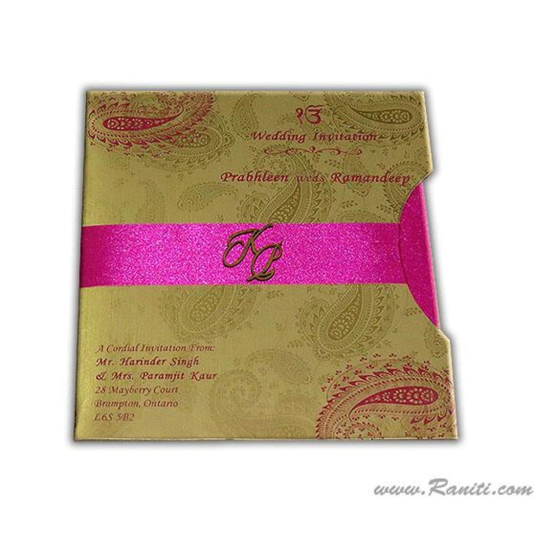 Paisley Theme Fuchsia Pink Satin Fabric Custom Wedding Invitation Card with Lasercut Initials AML-160 freeshipping - Raniti LLC - Custom Invitations & Stationery