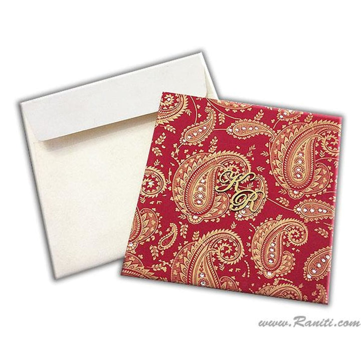 Paisley Theme Lasercut Initials Red and Pearl Square Custom Wedding Invitation Card | Custom Invitation Card with Laser Cut Monogram Initials AML-110 freeshipping - Raniti LLC - Custom Invitations & Stationery