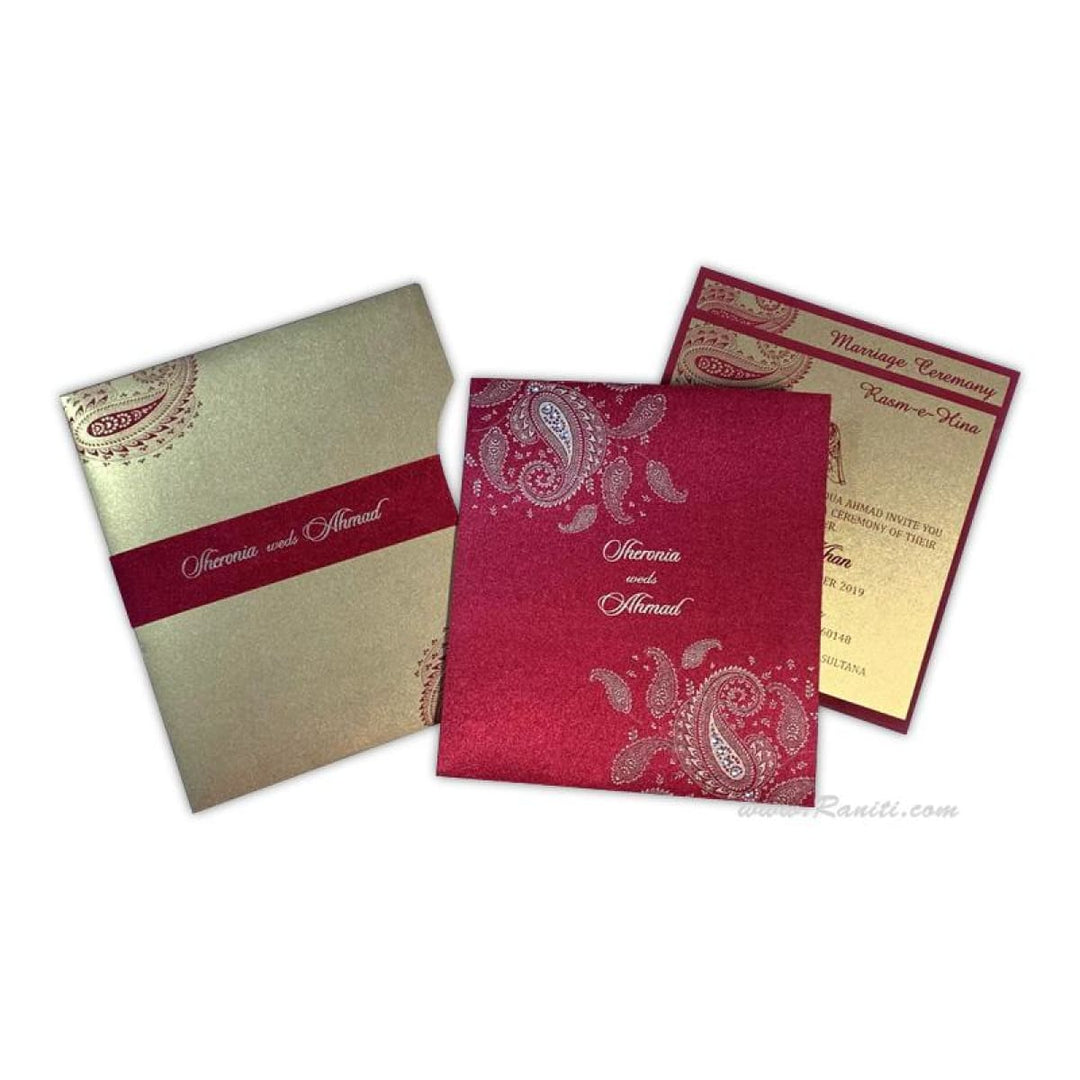 Paisley Theme Red Satin Fabric Custom Nikkah Wedding Invitation Card AM-320 freeshipping - Raniti LLC - Custom Invitations & Stationery