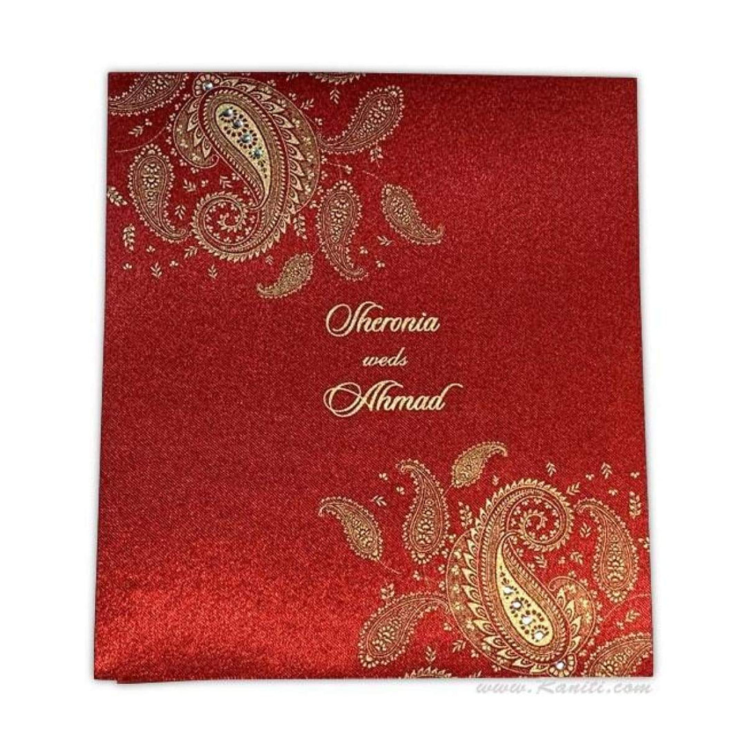 Paisley Theme Red Satin Fabric Custom Nikkah Wedding Invitation Card AM-320 freeshipping - Raniti LLC - Custom Invitations & Stationery