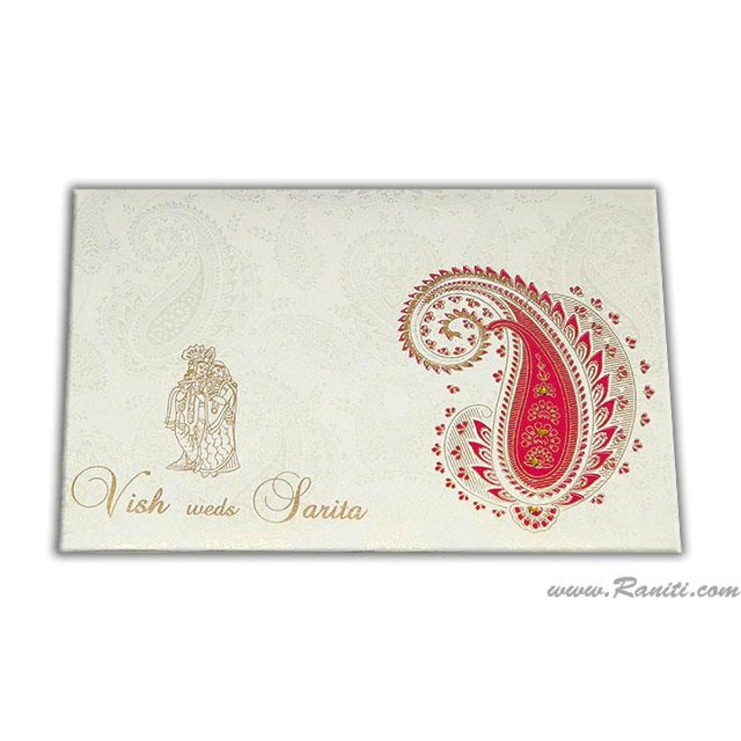 Paisley Theme White Classic Custom Invitation Card with Radha Krishna Print and Cascading Inserts AMH-31 freeshipping - Raniti LLC - Custom Invitations & Stationery