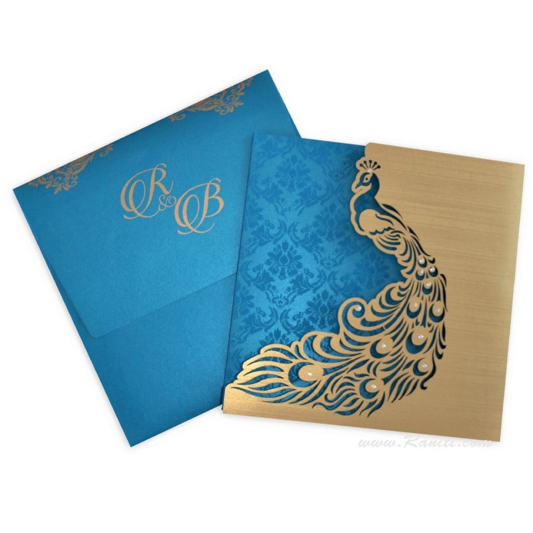 Peacock Blue Laser Cut and Stones Custom Invitation Card with Cascading Inserts | Bride & Groom Invitation Card AML-220 freeshipping - Raniti LLC - Custom Invitations & Stationery