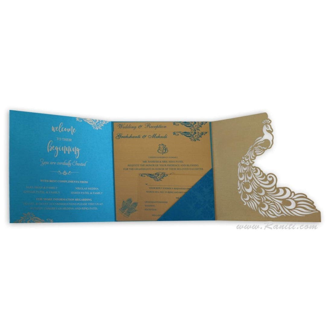 Peacock Blue Laser Cut and Stones Custom Invitation Card with Cascading Inserts | Bride & Groom Invitation Card AML-220 freeshipping - Raniti LLC - Custom Invitations & Stationery