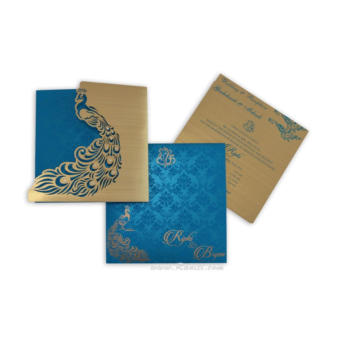 Peacock Blue Laser Cut and Stones Custom Invitation Card with Cascading Inserts | Bride & Groom Invitation Card AML-220 freeshipping - Raniti LLC - Custom Invitations & Stationery