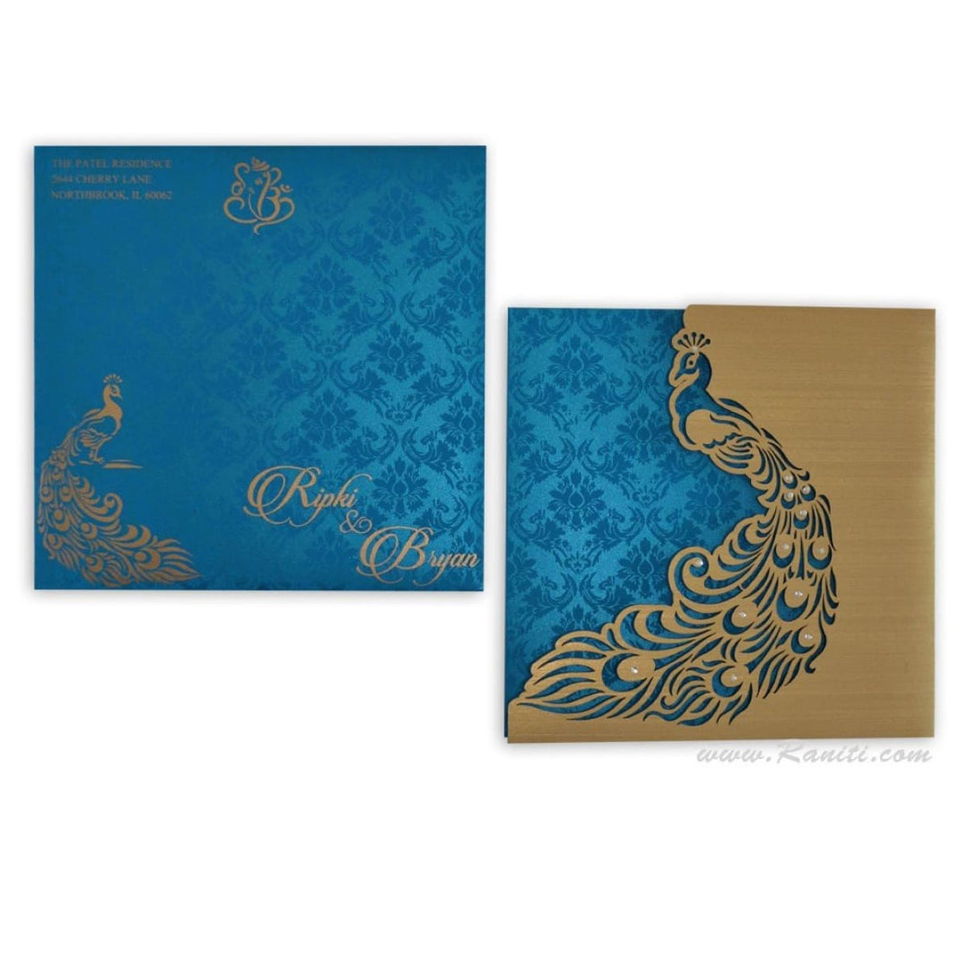 Peacock Blue Laser Cut and Stones Custom Invitation Card with Cascading Inserts | Bride & Groom Invitation Card AML-220 freeshipping - Raniti LLC - Custom Invitations & Stationery