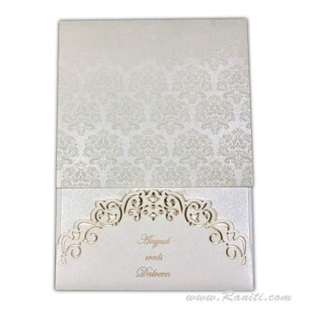 Pearl White Two Fold laser cut Pocket Custom Classic Invitation Card, Portrait Wedding Invitation Card with Cascading Multiple Inserts AML-310 freeshipping - Raniti LLC - Custom Invitations & Stationery