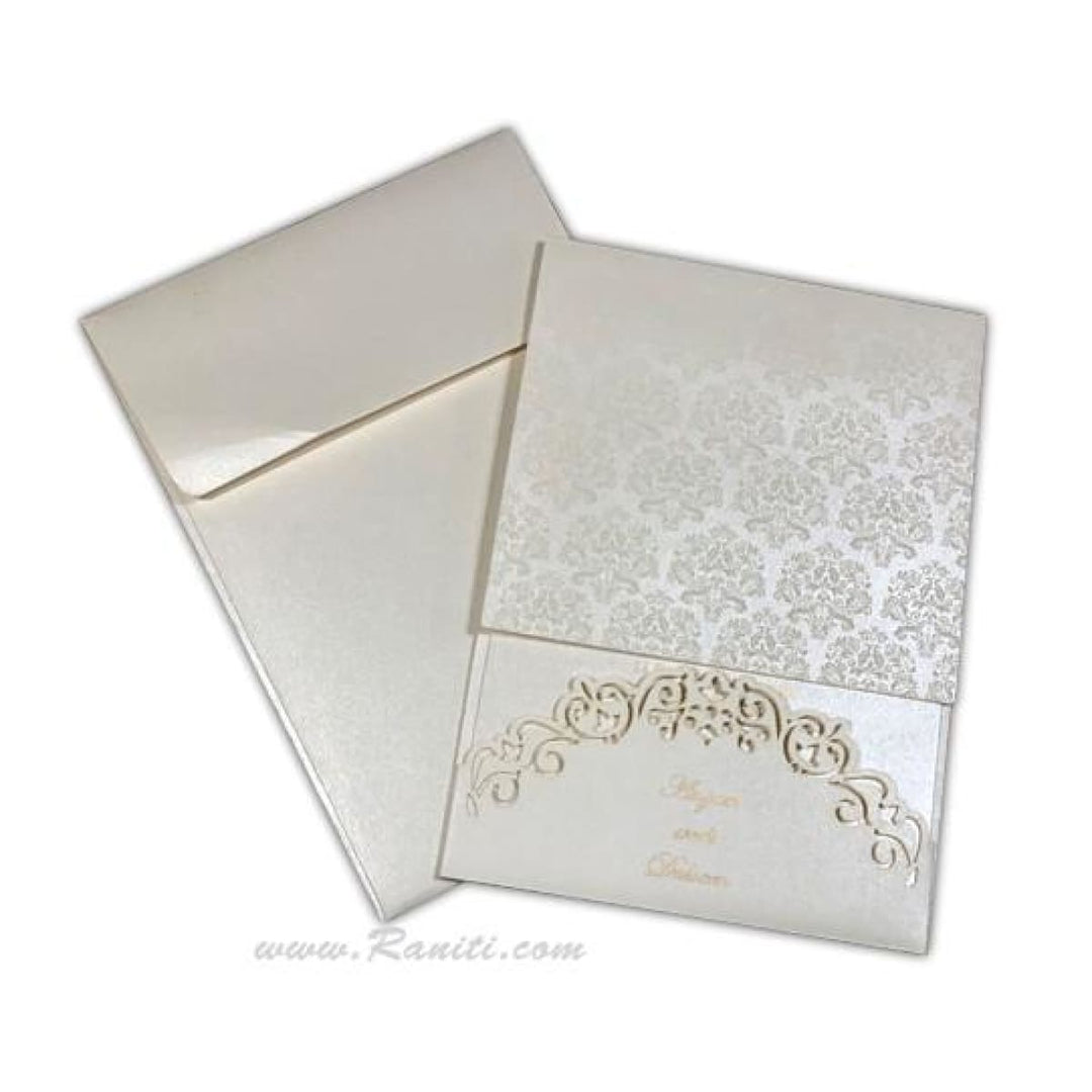 Pearl White Two Fold laser cut Pocket Custom Classic Invitation Card, Portrait Wedding Invitation Card with Cascading Multiple Inserts AML-310 freeshipping - Raniti LLC - Custom Invitations & Stationery