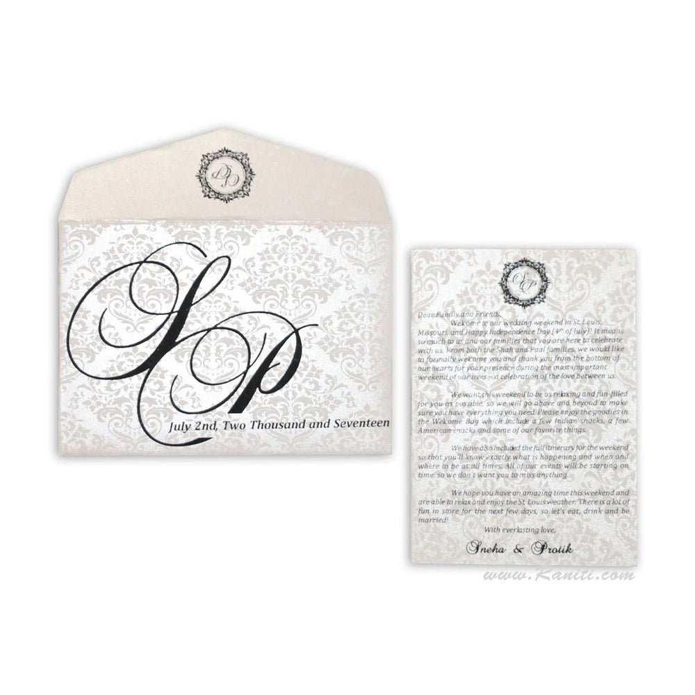 Photo Luxury Wedding Event Guest Itinerary in White and Damask Theme | Custom Personalized Wedding Stationery AM-IT-2 freeshipping - Raniti LLC - Custom Invitations & Stationery