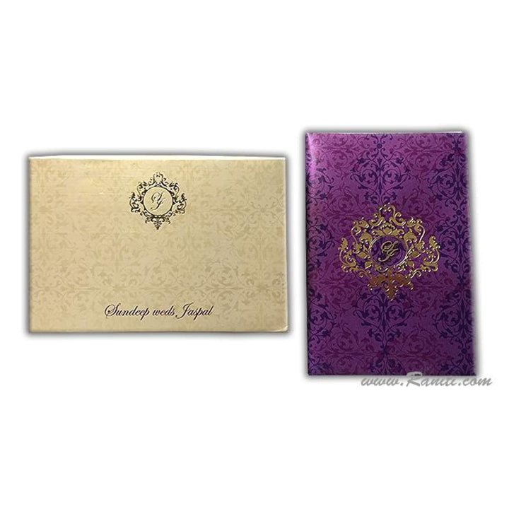 Purple and Gold Laser Cut Initials Portrait Hard Cover Custom Invitation Card AMHL-173 freeshipping - Raniti LLC - Custom Invitations & Stationery