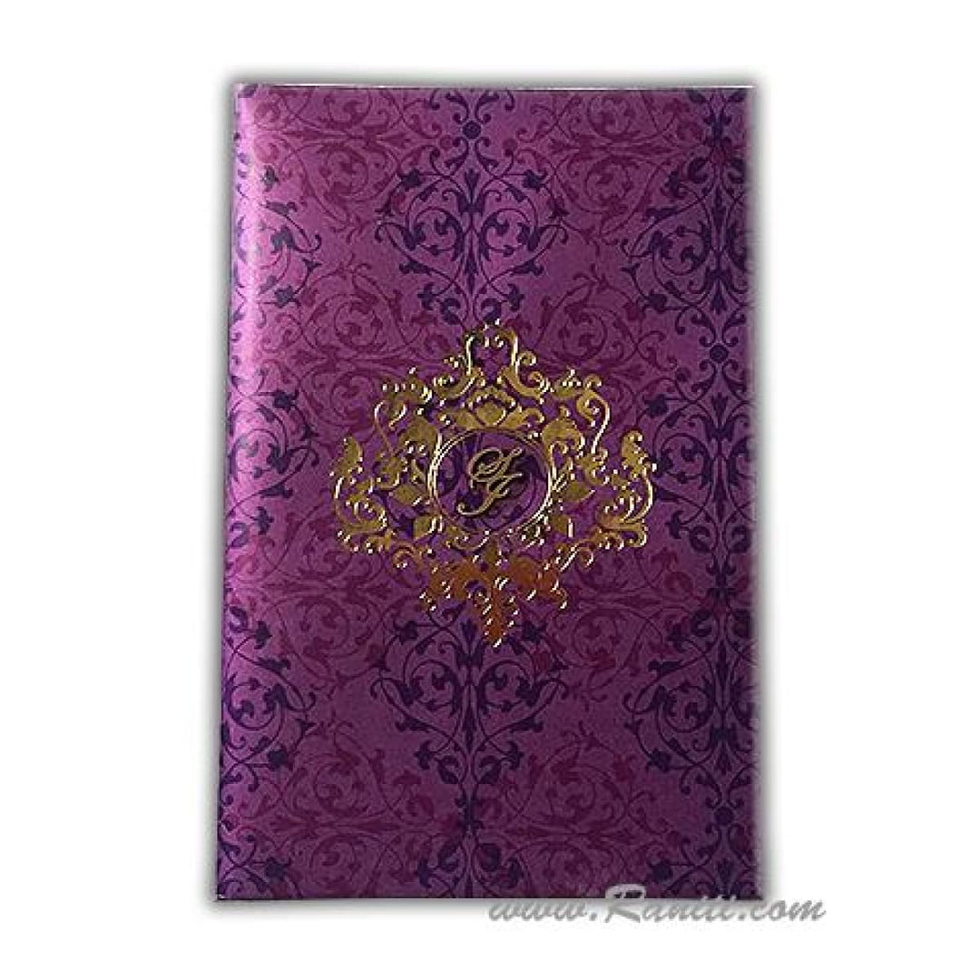 Purple and Gold Laser Cut Initials Portrait Hard Cover Custom Invitation Card AMHL-173 freeshipping - Raniti LLC - Custom Invitations & Stationery