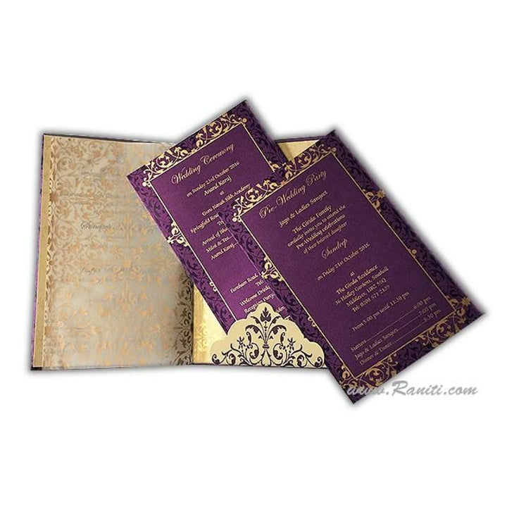 Purple and Gold Laser Cut Initials Portrait Hard Cover Custom Invitation Card AMHL-173 freeshipping - Raniti LLC - Custom Invitations & Stationery