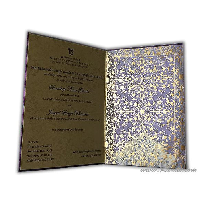 Purple and Gold Laser Cut Initials Portrait Hard Cover Custom Invitation Card AMHL-173 freeshipping - Raniti LLC - Custom Invitations & Stationery