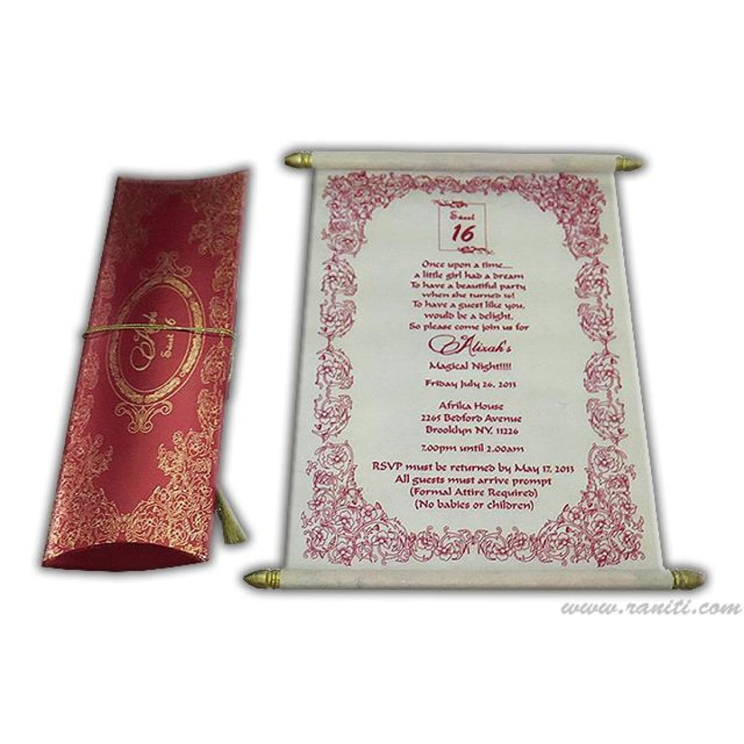 Quinceañera Red and White Woolly Paper Custom Scroll Invitation Card AMSC-17 freeshipping - Raniti LLC - Custom Invitations & Stationery