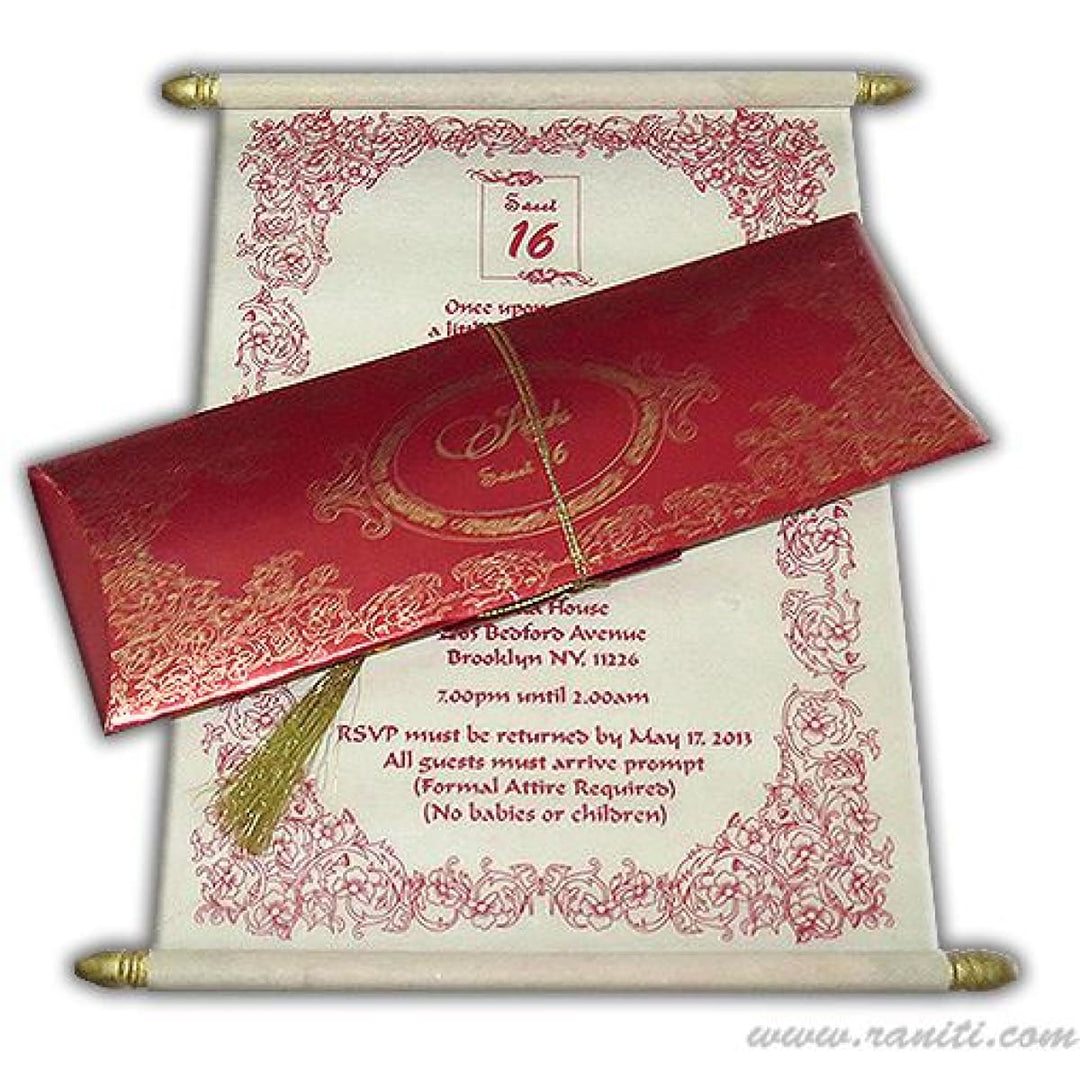 Quinceañera Red and White Woolly Paper Custom Scroll Invitation Card AMSC-17 freeshipping - Raniti LLC - Custom Invitations & Stationery