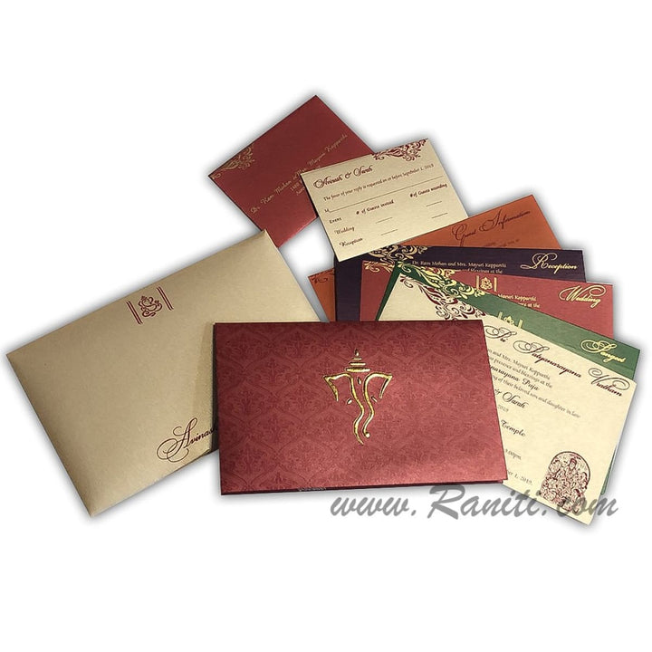 Red and Golden Rectangle Custom Hindu Wedding Invitation with Embossed Foil Ganesh Image Card with Multicolored Inserts AM-103 freeshipping - Raniti LLC - Custom Invitations & Stationery