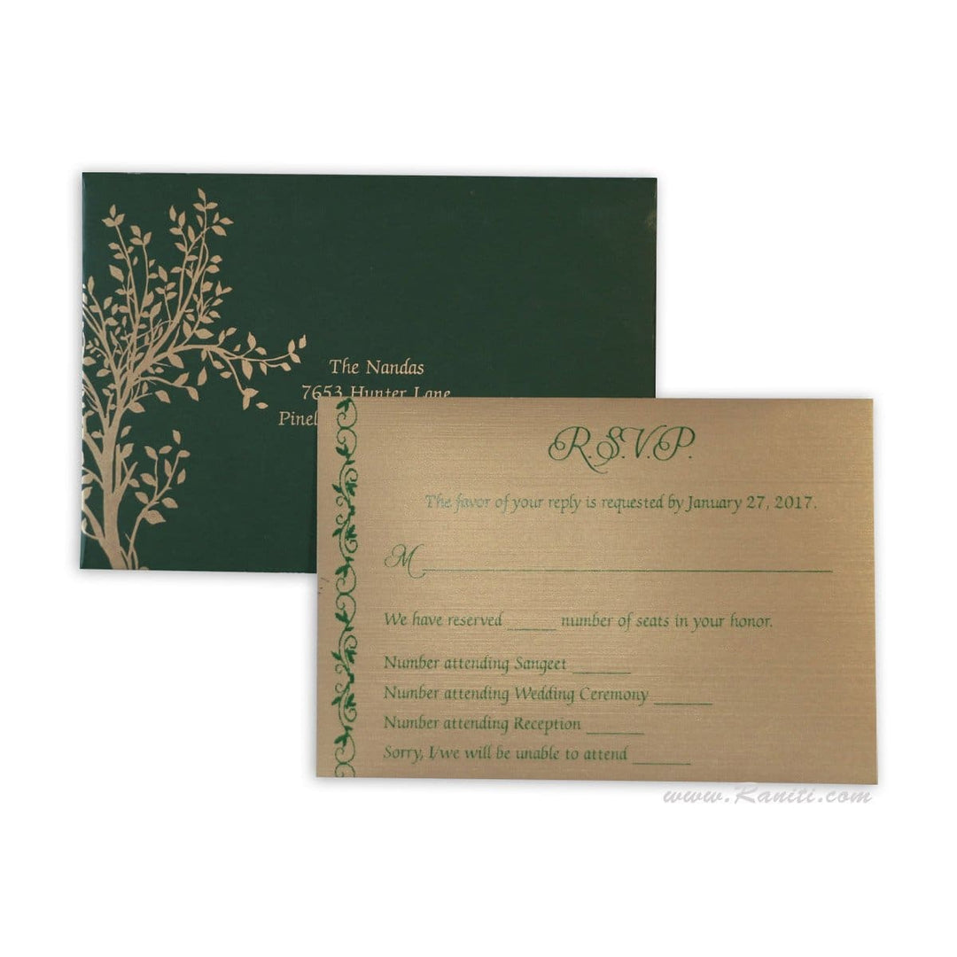 RSVP Custom Reply and Accommodations Card with Envelope | RSVP Card | Wedding Invitation RSVP Card Green and Gold RT-30 freeshipping - Raniti LLC - Custom Invitations & Stationery