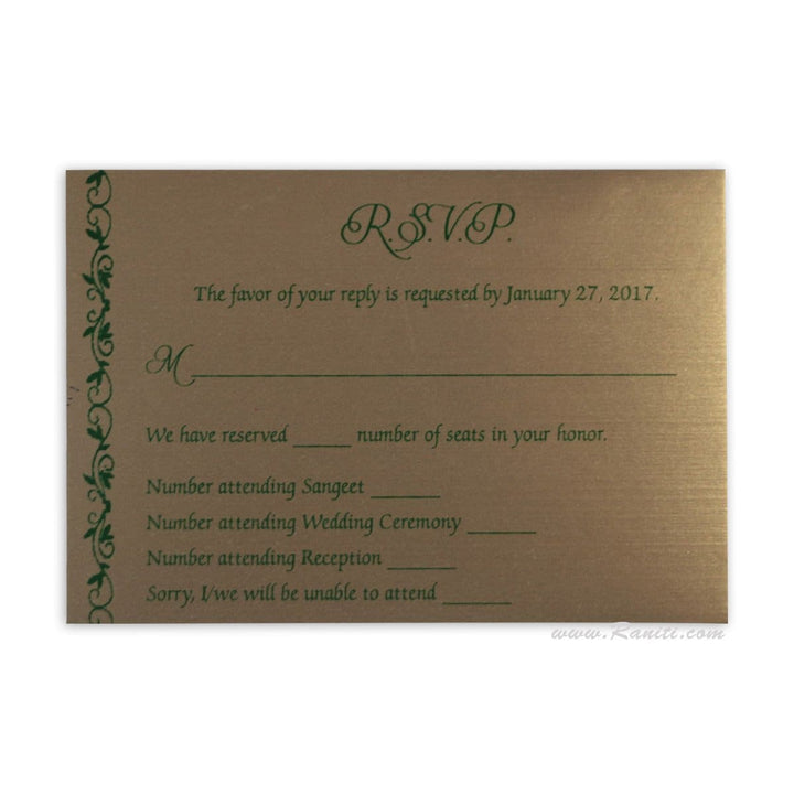 RSVP Custom Reply and Accommodations Card with Envelope | RSVP Card | Wedding Invitation RSVP Card Green and Gold RT-30 freeshipping - Raniti LLC - Custom Invitations & Stationery