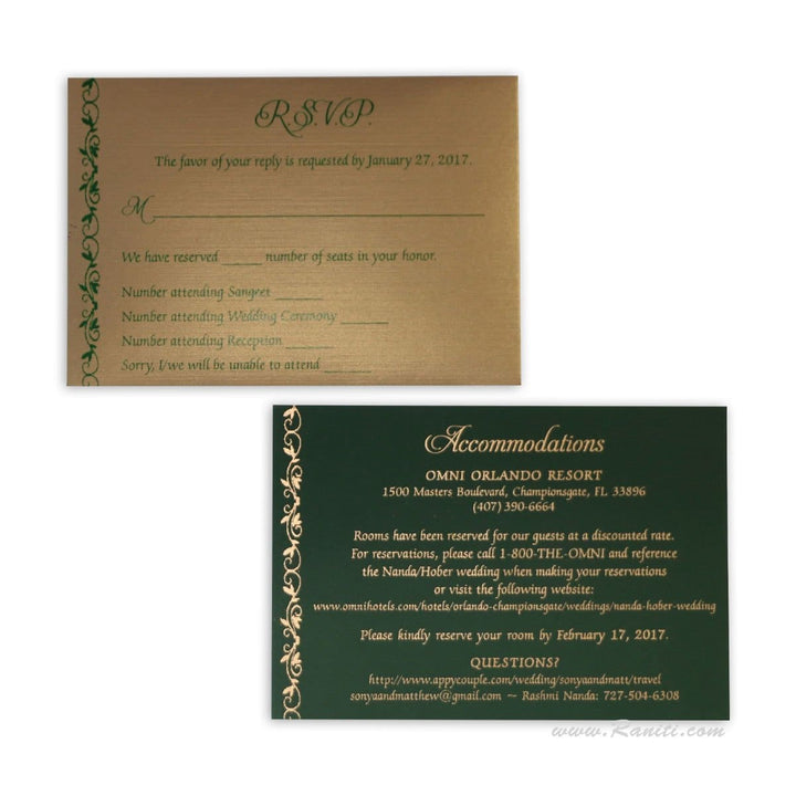 RSVP Custom Reply and Accommodations Card with Envelope | RSVP Card | Wedding Invitation RSVP Card Green and Gold RT-30 freeshipping - Raniti LLC - Custom Invitations & Stationery