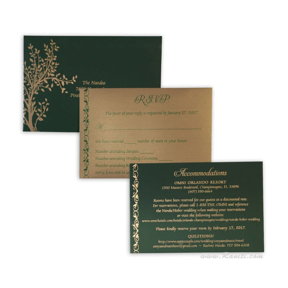 RSVP Custom Reply and Accommodations Card with Envelope | RSVP Card | Wedding Invitation RSVP Card Green and Gold RT-30 freeshipping - Raniti LLC - Custom Invitations & Stationery