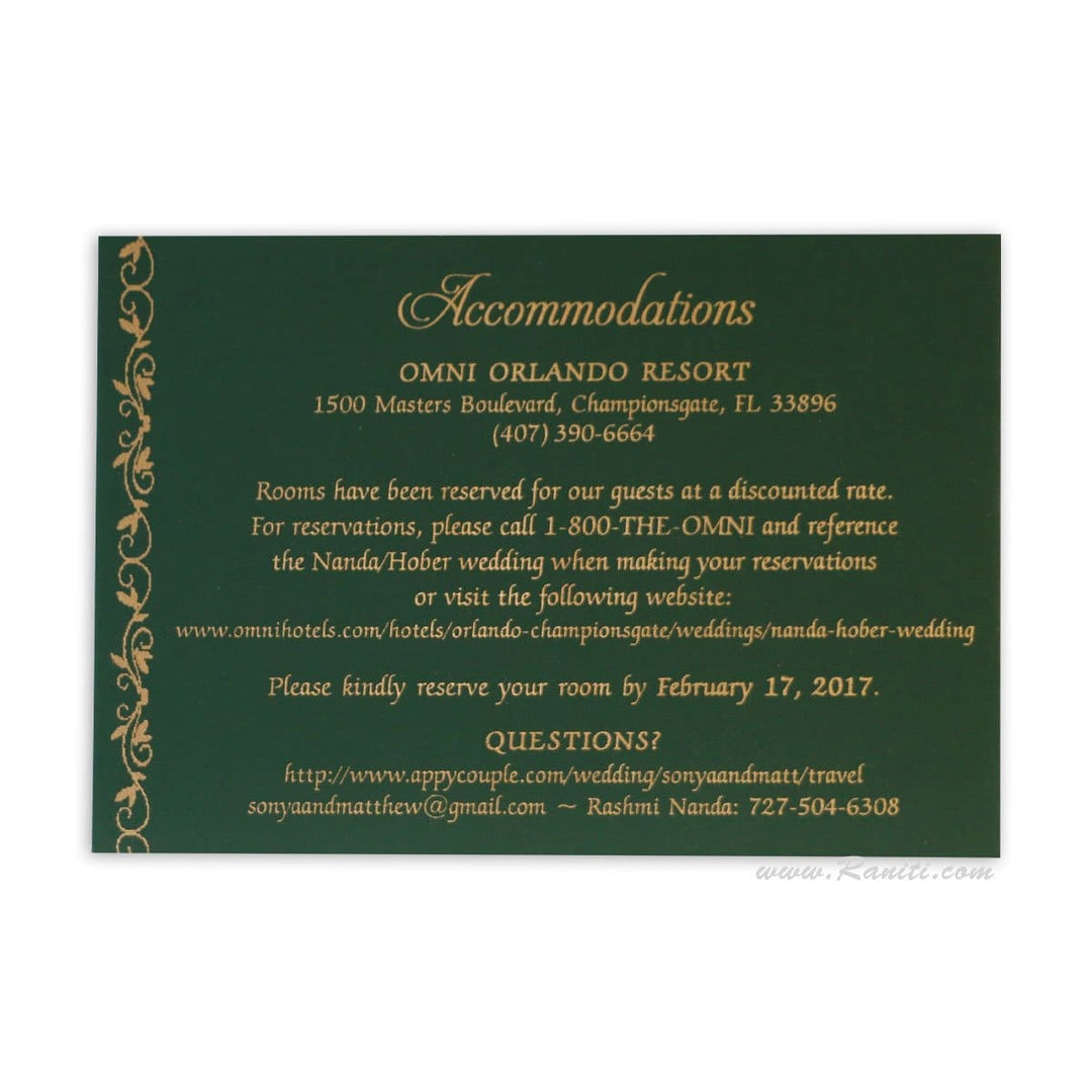 RSVP Custom Reply and Accommodations Card with Envelope | RSVP Card | Wedding Invitation RSVP Card Green and Gold RT-30 freeshipping - Raniti LLC - Custom Invitations & Stationery