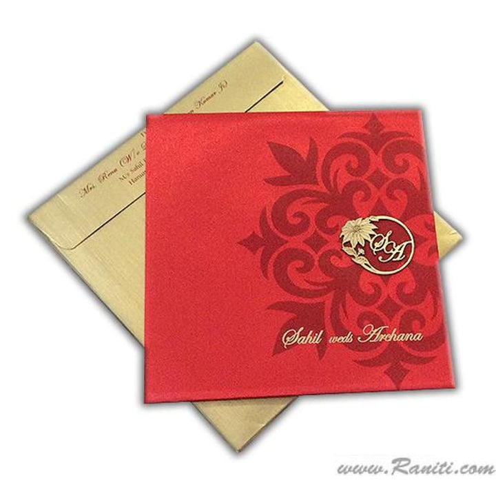 Satin Fabric Square Hard Cover Custom Traditional Invitation Card Damask Print and Laser Cut Initials Monogram AMHL-45 freeshipping - Raniti LLC - Custom Invitations & Stationery