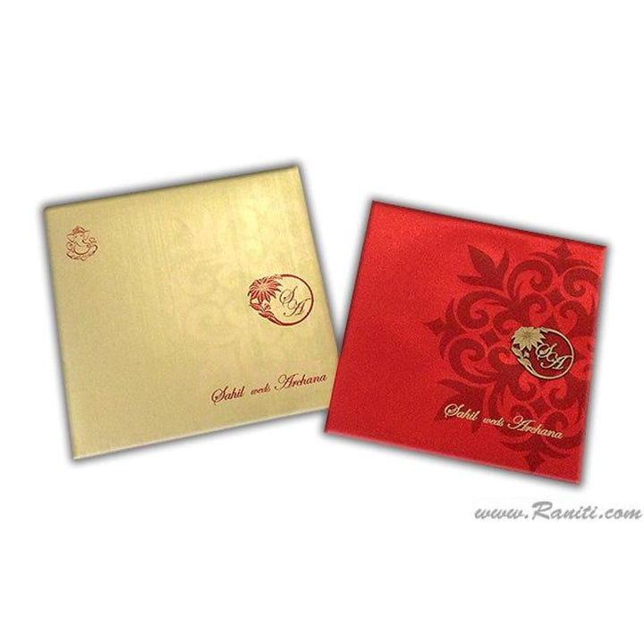 Satin Fabric Square Hard Cover Custom Traditional Invitation Card Damask Print and Laser Cut Initials Monogram AMHL-45 freeshipping - Raniti LLC - Custom Invitations & Stationery