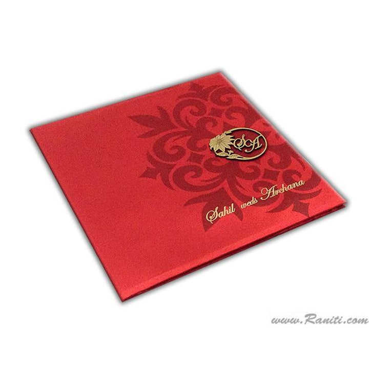 Satin Fabric Square Hard Cover Custom Traditional Invitation Card Damask Print and Laser Cut Initials Monogram AMHL-45 freeshipping - Raniti LLC - Custom Invitations & Stationery