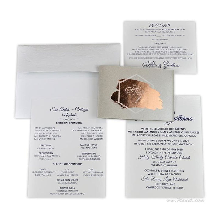 Silver/Grey Classic White Custom Invitation Card Deboss Letterpress with Rose Gold Foil Belly Band | Silver/Grey Belly Band Custom Invitation Card AM-190 freeshipping - Raniti LLC - Custom Invitations & Stationery