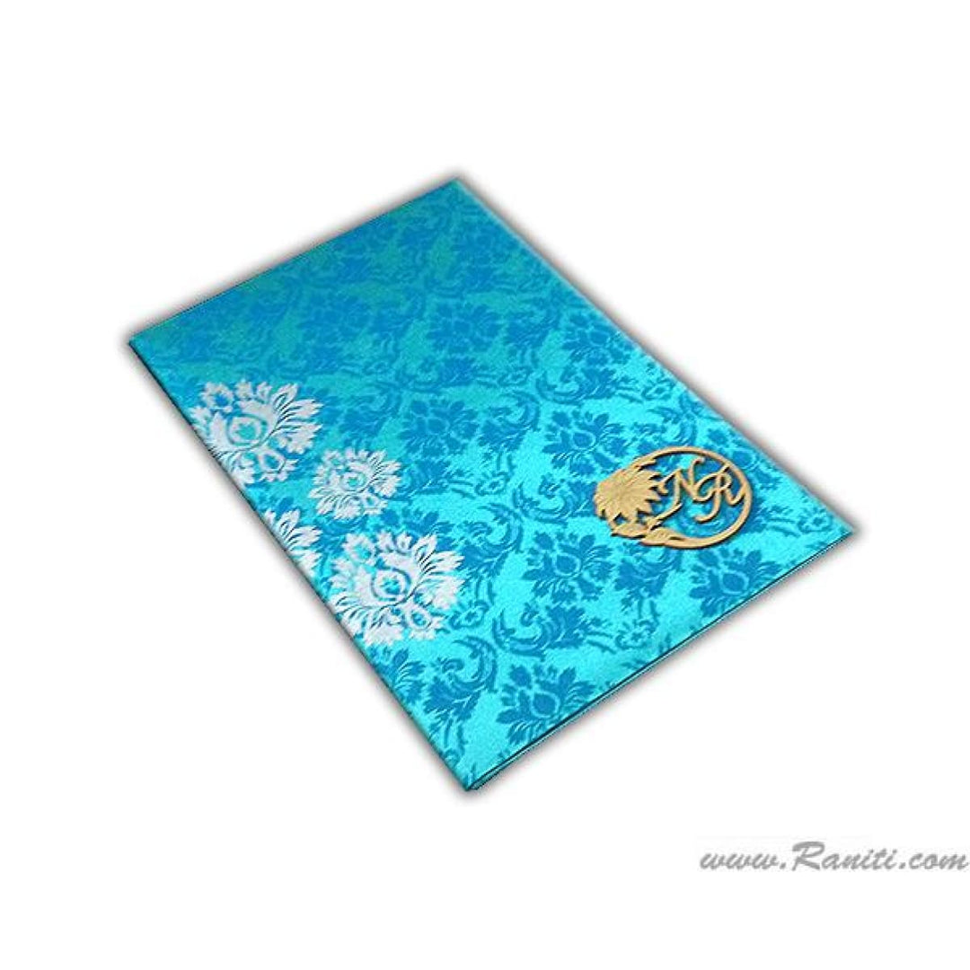 Teal Satin Damask Print Traditional Custom Lasercut Invitation AMHL100 | Raniti LLC - Custom Invitations & Stationery | laser cut wedding invitations | custom wedding invitations