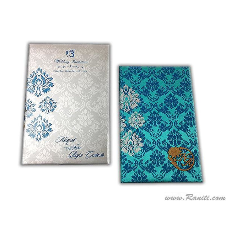 Teal Satin Damask Print Traditional Custom Lasercut Invitation AMHL100 | Raniti LLC - Custom Invitations & Stationery | invitations custom  | custom wedding invitations